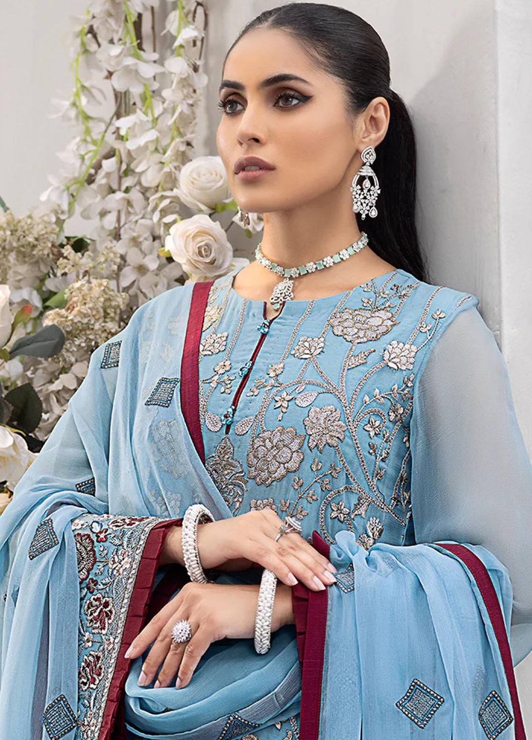 Flossie Embroidered Chiffon Suits Unstitched 3 Piece FS23EU K-1209 Sapphire Beryl - Festive Collection