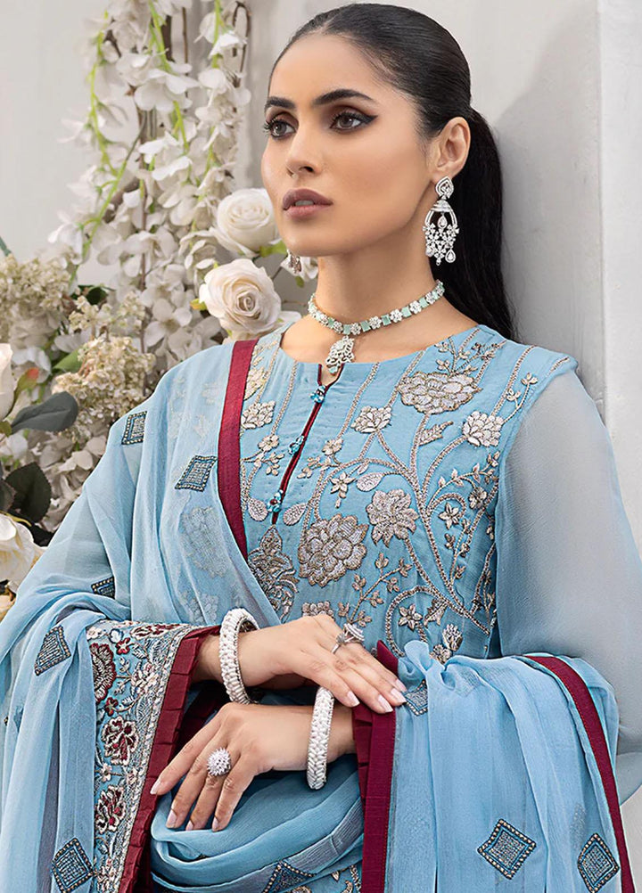 Flossie Embroidered Chiffon Suits Unstitched 3 Piece FS23EU K-1209 Sapphire Beryl - Festive Collection
