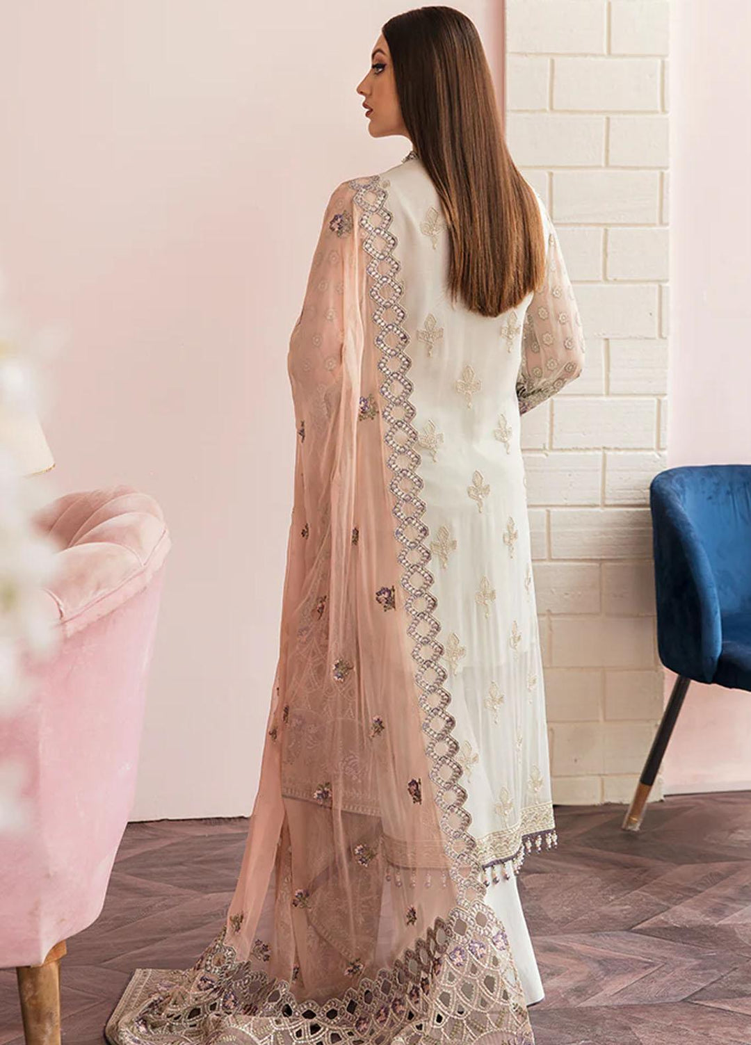 Flossie Embroidered Chiffon Suits Unstitched 3 Piece FS23EU FE-502 Ivory White - Festive Collection