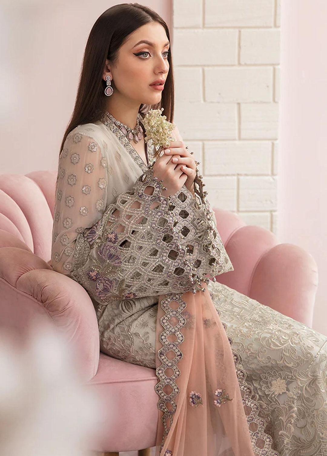 Flossie Embroidered Chiffon Suits Unstitched 3 Piece FS23EU FE-502 Ivory White - Festive Collection