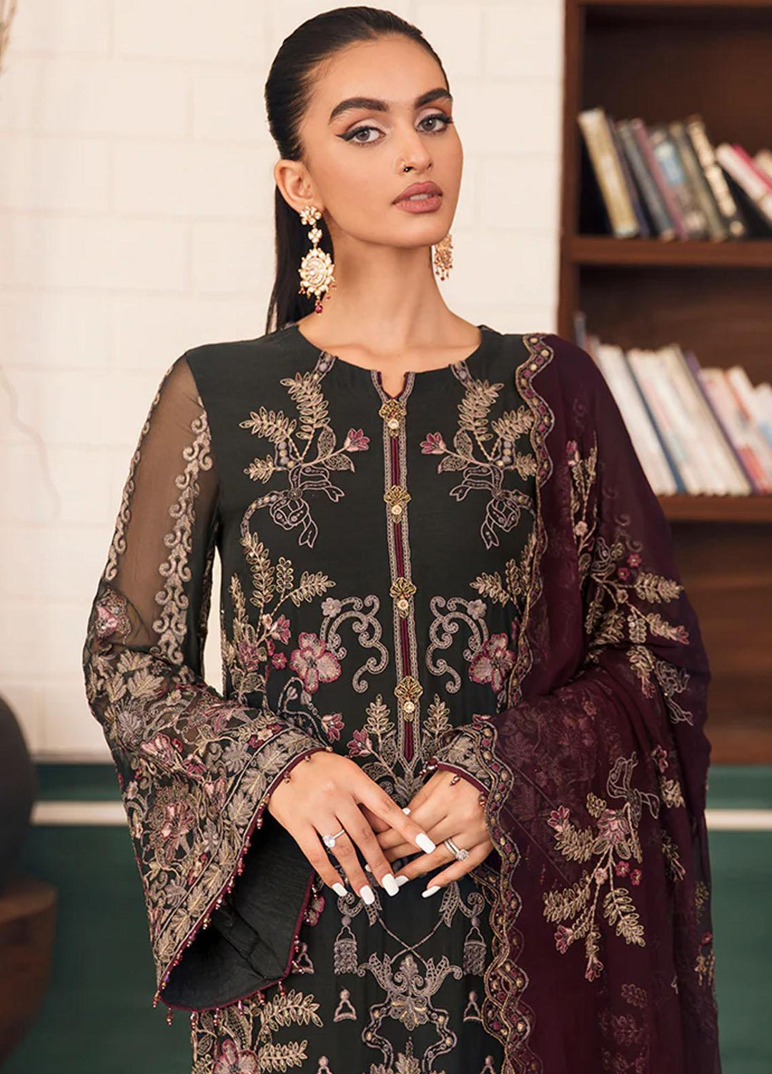 Flossie Embroidered Chiffon Suits Unstitched 3 Piece FS23EU FE-504 Crimson Charcoal Grey - Festive Collection