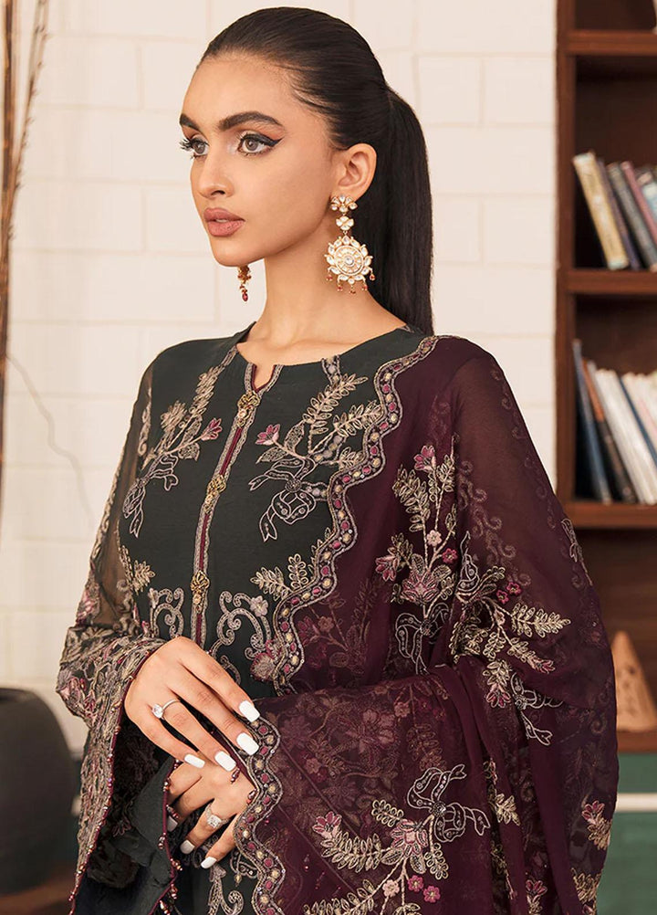 Flossie Embroidered Chiffon Suits Unstitched 3 Piece FS23EU FE-504 Crimson Charcoal Grey - Festive Collection