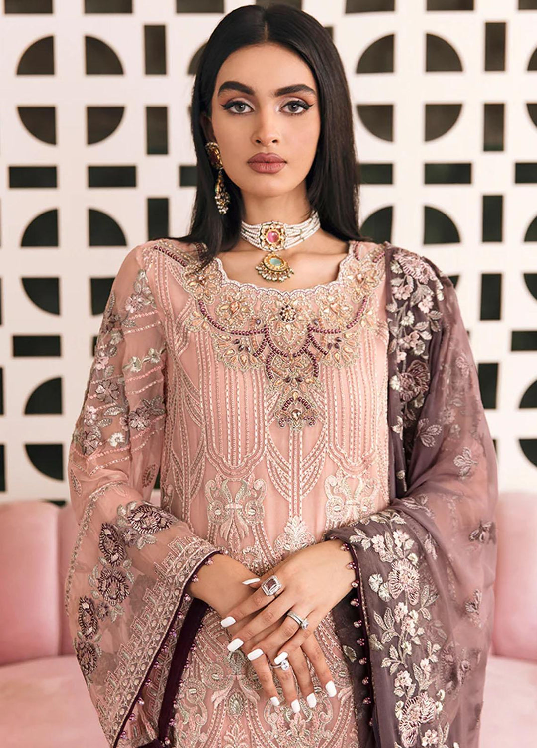 Flossie Embroidered Chiffon Suits Unstitched 3 Piece FS23EU FE-505 Picturesque Peach - Festive Collection