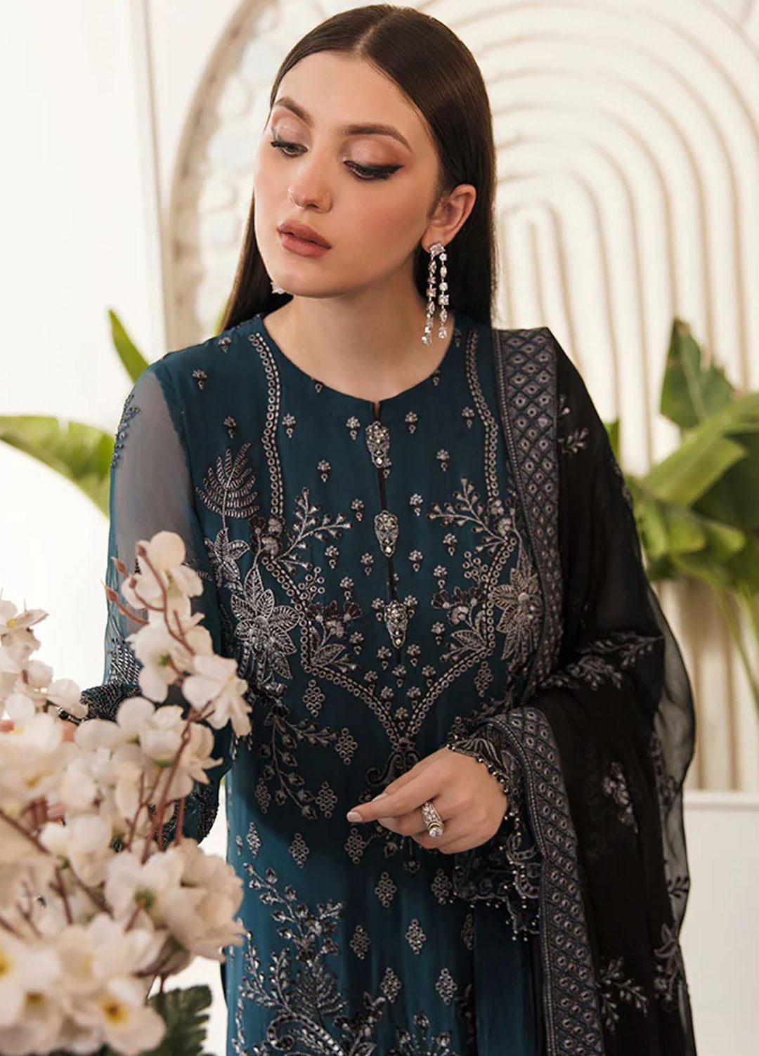 Flossie Embroidered Chiffon Suits Unstitched 3 Piece FS23EU FE-507 Spectral Blue - Festive Collection