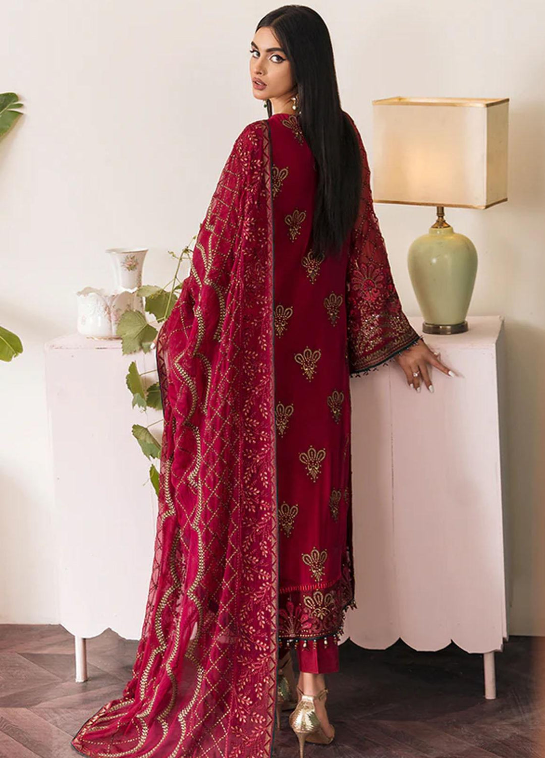 Flossie Embroidered Chiffon Suits Unstitched 3 Piece FS23EX FE-506 Cherubic Ruby - Festive Collection