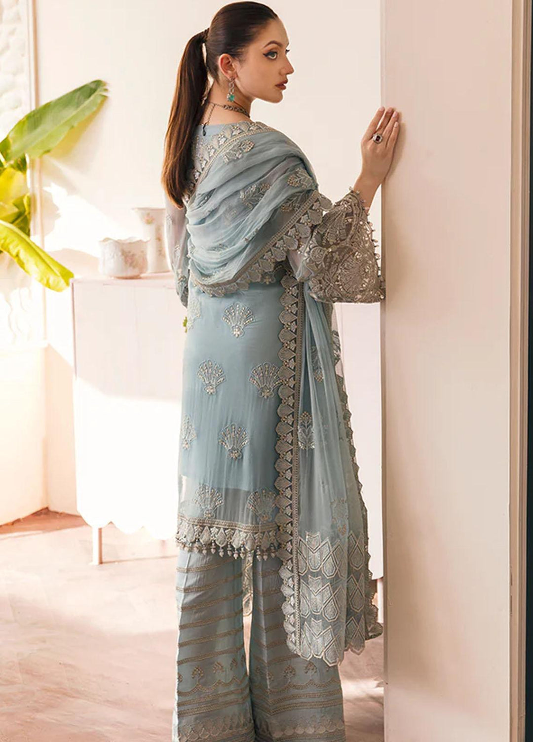Flossie Embroidered Chiffon Suits Unstitched 3 Piece FS23EX FE-503 Serene Cerulean - Festive Collection