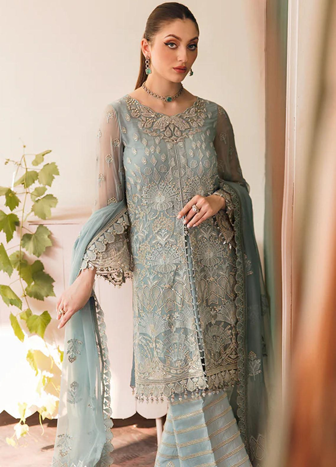 Flossie Embroidered Chiffon Suits Unstitched 3 Piece FS23EX FE-503 Serene Cerulean - Festive Collection