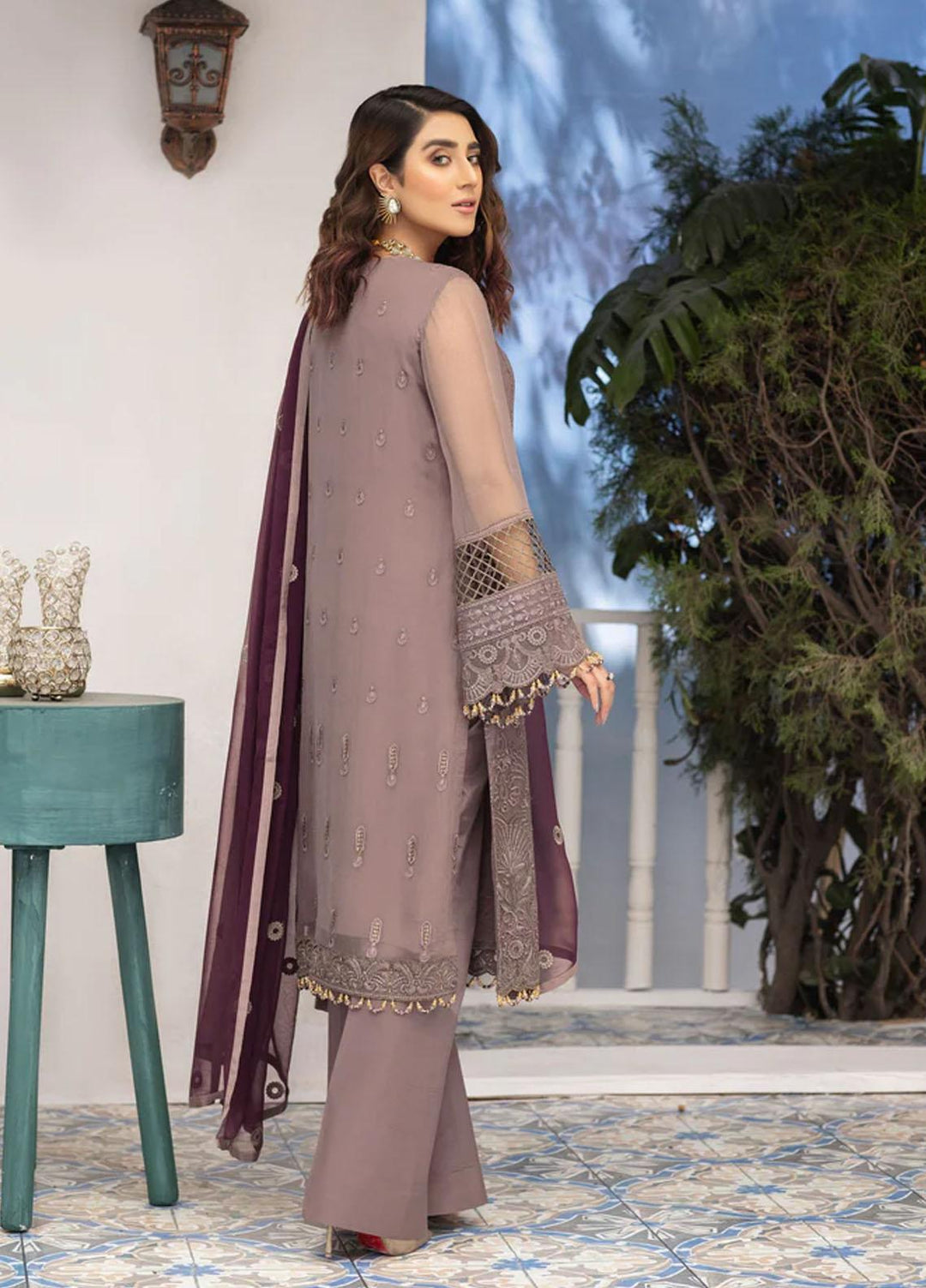 Flossie Embroidered Chiffon Suits Unstitched 3 Piece ADOBE ROSE - Luxury Collection