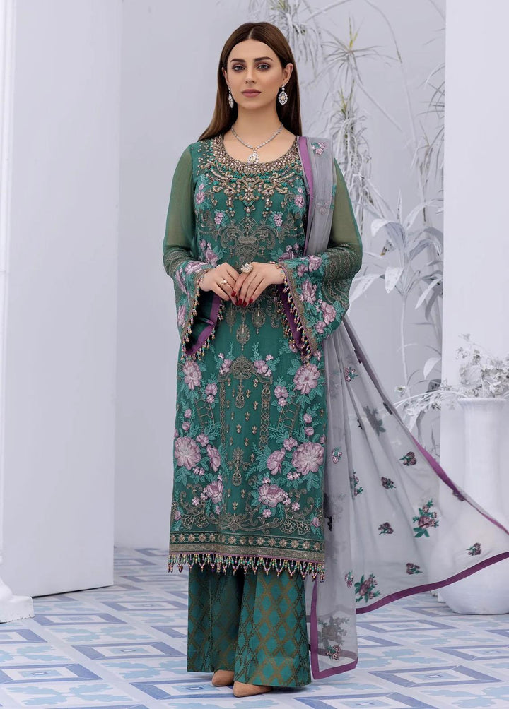 Flossie Embroidered Chiffon Suits Unstitched 3 Piece AQUA ESQUE - Luxury Collection