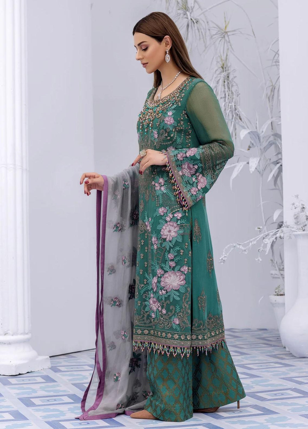 Flossie Embroidered Chiffon Suits Unstitched 3 Piece AQUA ESQUE - Luxury Collection