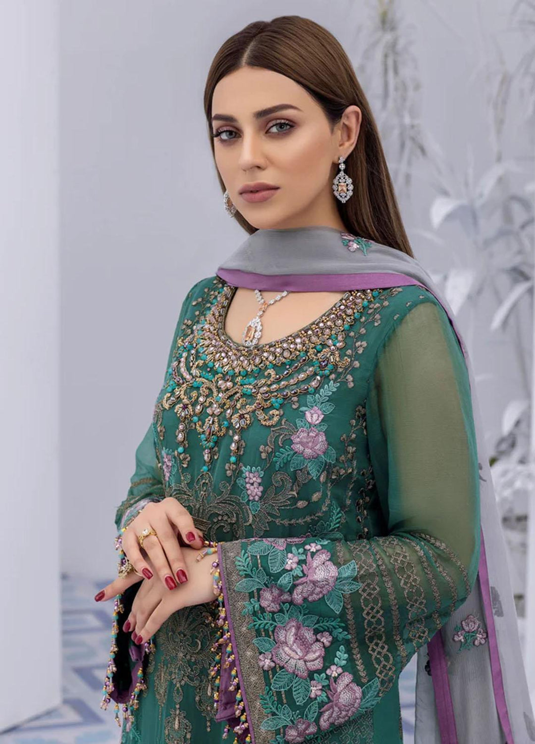 Flossie Embroidered Chiffon Suits Unstitched 3 Piece AQUA ESQUE - Luxury Collection