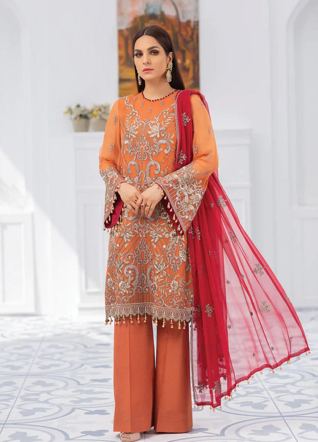 Flossie Embroidered Chiffon Suits Unstitched 3 Piece AUTUMN SUNSET - Luxury Collection
