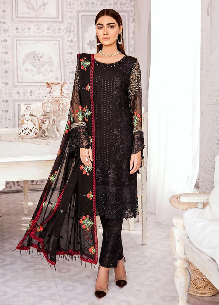 Flossie Embroidered Chiffon Suits Unstitched 3 Piece BLACK BEAUTY - Luxury Collection