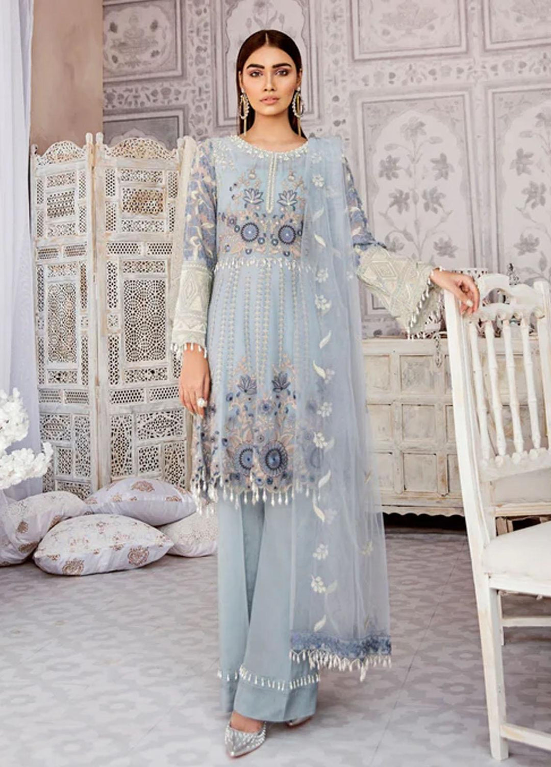 Flossie Embroidered Chiffon Suits Unstitched 3 Piece BLUE MOON - Luxury Collection