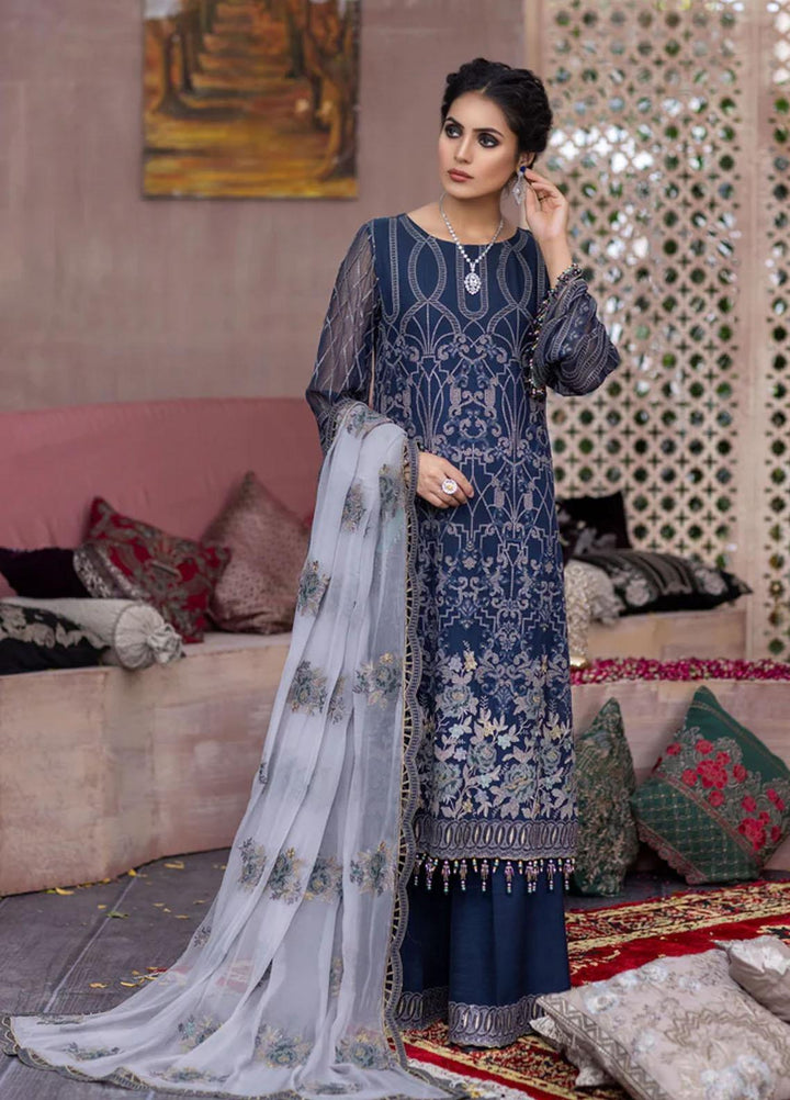 Flossie Embroidered Chiffon Suits Unstitched 3 Piece BLUE SAPPHIRE - Luxury Collection