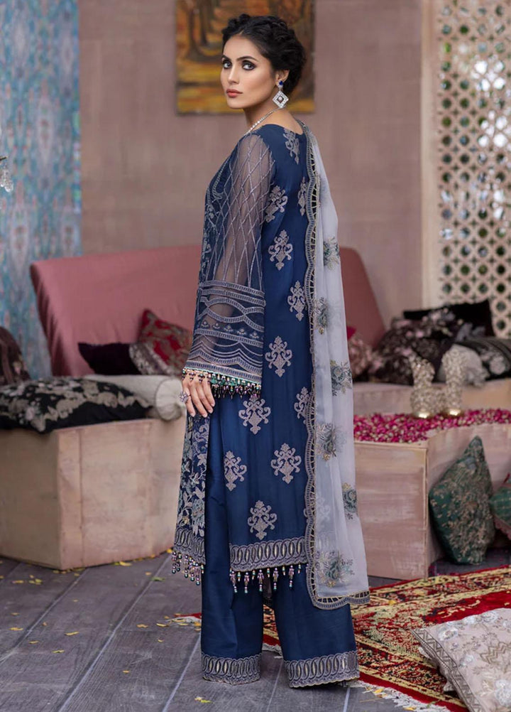 Flossie Embroidered Chiffon Suits Unstitched 3 Piece BLUE SAPPHIRE - Luxury Collection