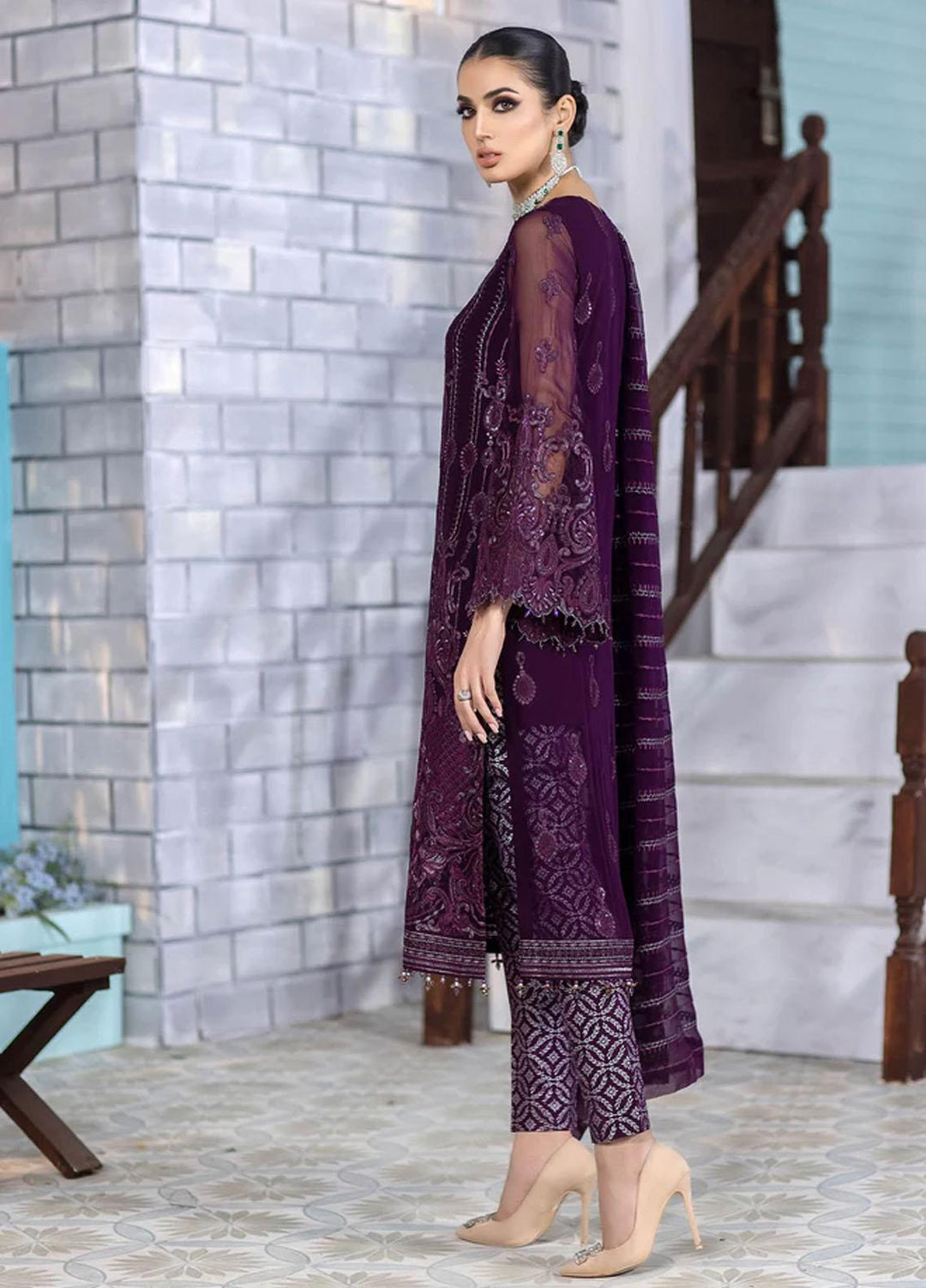 Flossie Embroidered Chiffon Suits Unstitched 3 Piece BURGUNDY - Luxury Collection