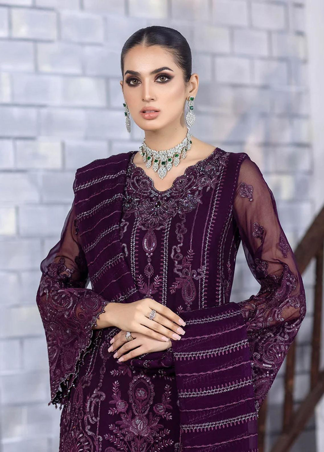 Flossie Embroidered Chiffon Suits Unstitched 3 Piece BURGUNDY - Luxury Collection