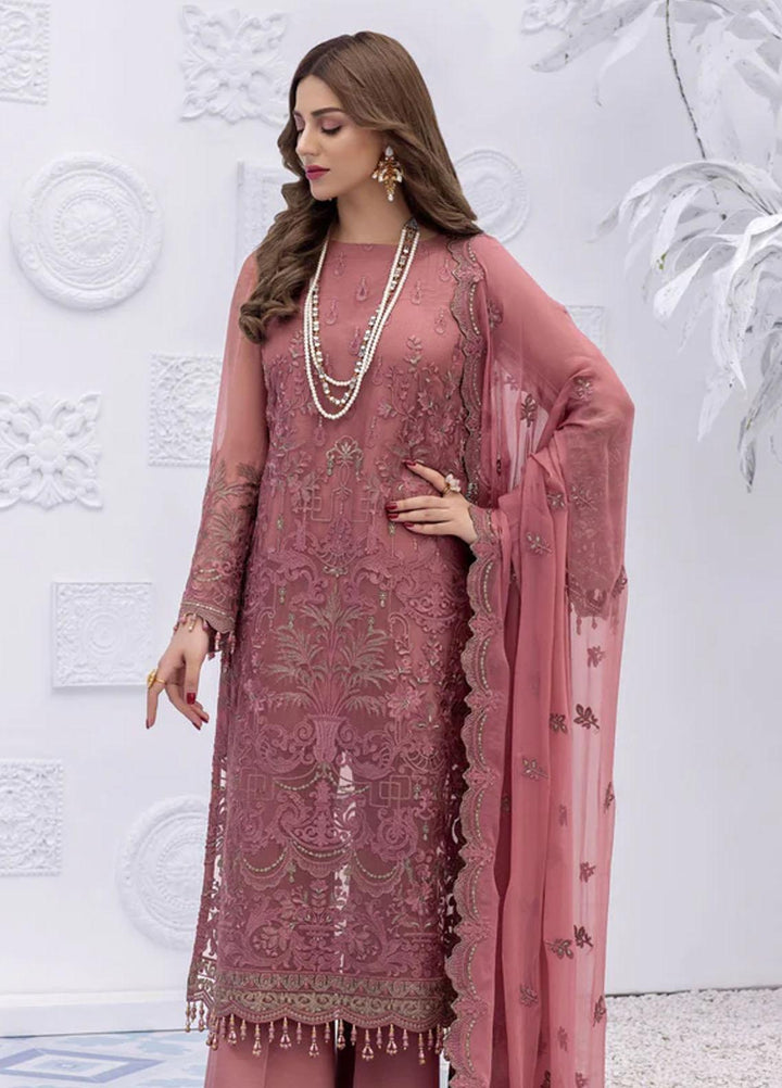 Flossie Embroidered Chiffon Suits Unstitched 3 Piece CAMELLIA ROSE - Luxury Collection