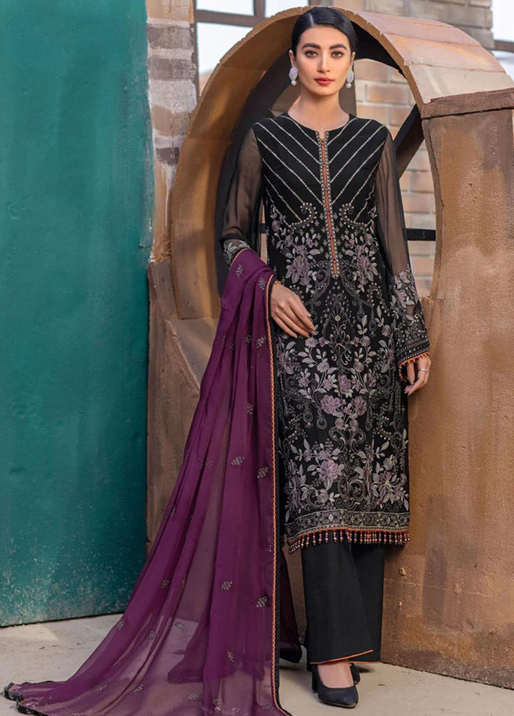 Flossie Embroidered Chiffon Suits Unstitched 3 Piece COAL BLACK - Luxury Collection