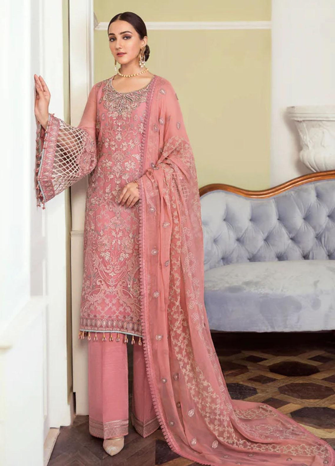 Flossie Embroidered Chiffon Suits Unstitched 3 Piece CONCH SHELL - Luxury Collection