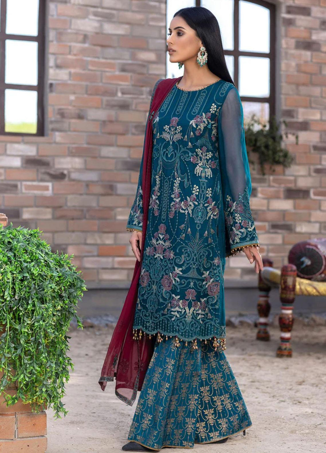 Flossie Embroidered Chiffon Suits Unstitched 3 Piece CRYSTAL TEAL - Luxury Collection