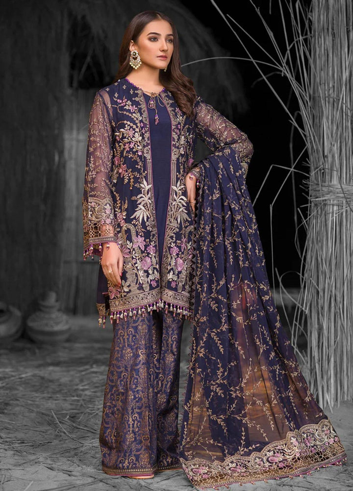 Flossie Embroidered Chiffon Suits Unstitched 3 Piece DEEP SAPPHIRE BLUE - Luxury Collection