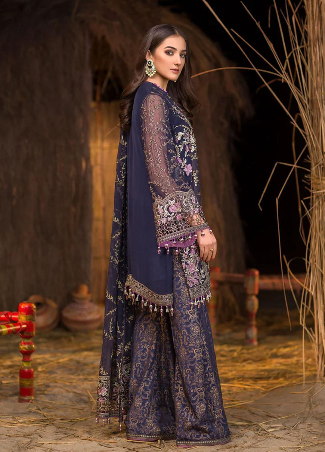 Flossie Embroidered Chiffon Suits Unstitched 3 Piece DEEP SAPPHIRE BLUE - Luxury Collection