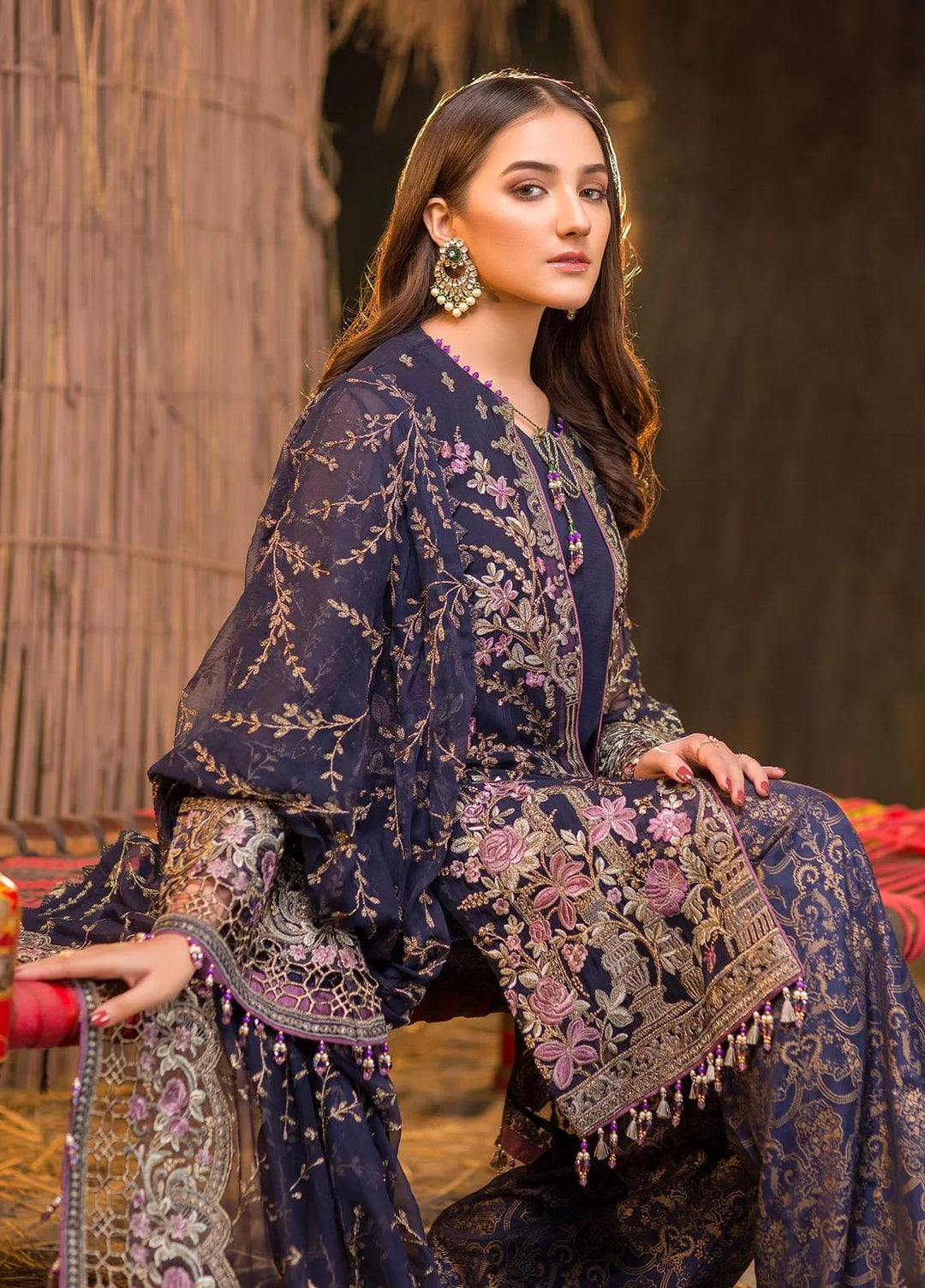 Flossie Embroidered Chiffon Suits Unstitched 3 Piece DEEP SAPPHIRE BLUE - Luxury Collection