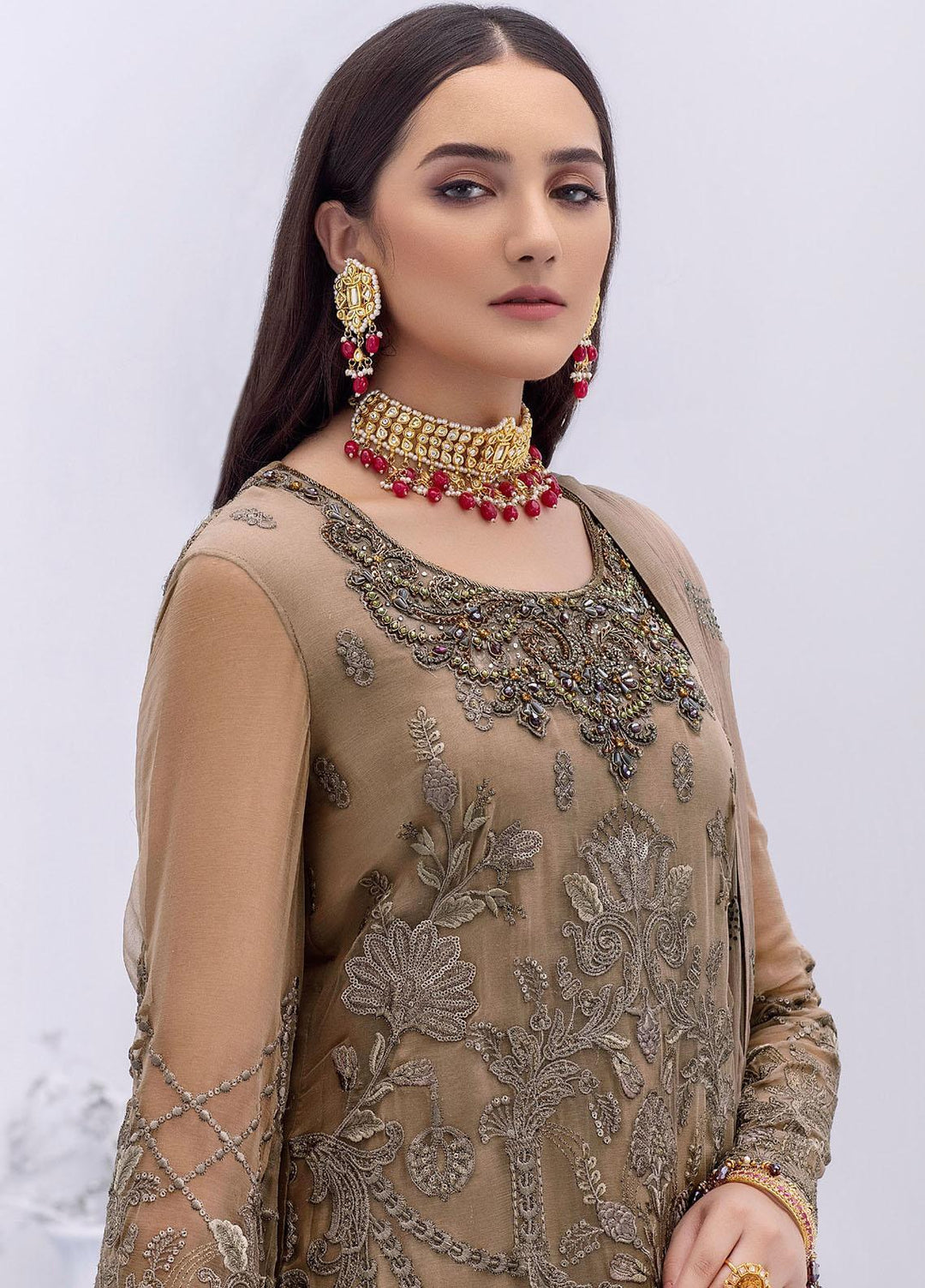 Flossie Embroidered Chiffon Suits Unstitched 3 Piece FROSTED ALMOND - Luxury Collection