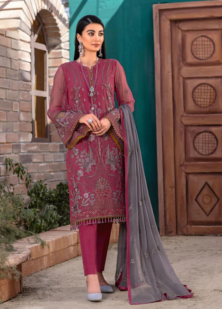 Flossie Embroidered Chiffon Suits Unstitched 3 Piece GERANIUM - Luxury Collection