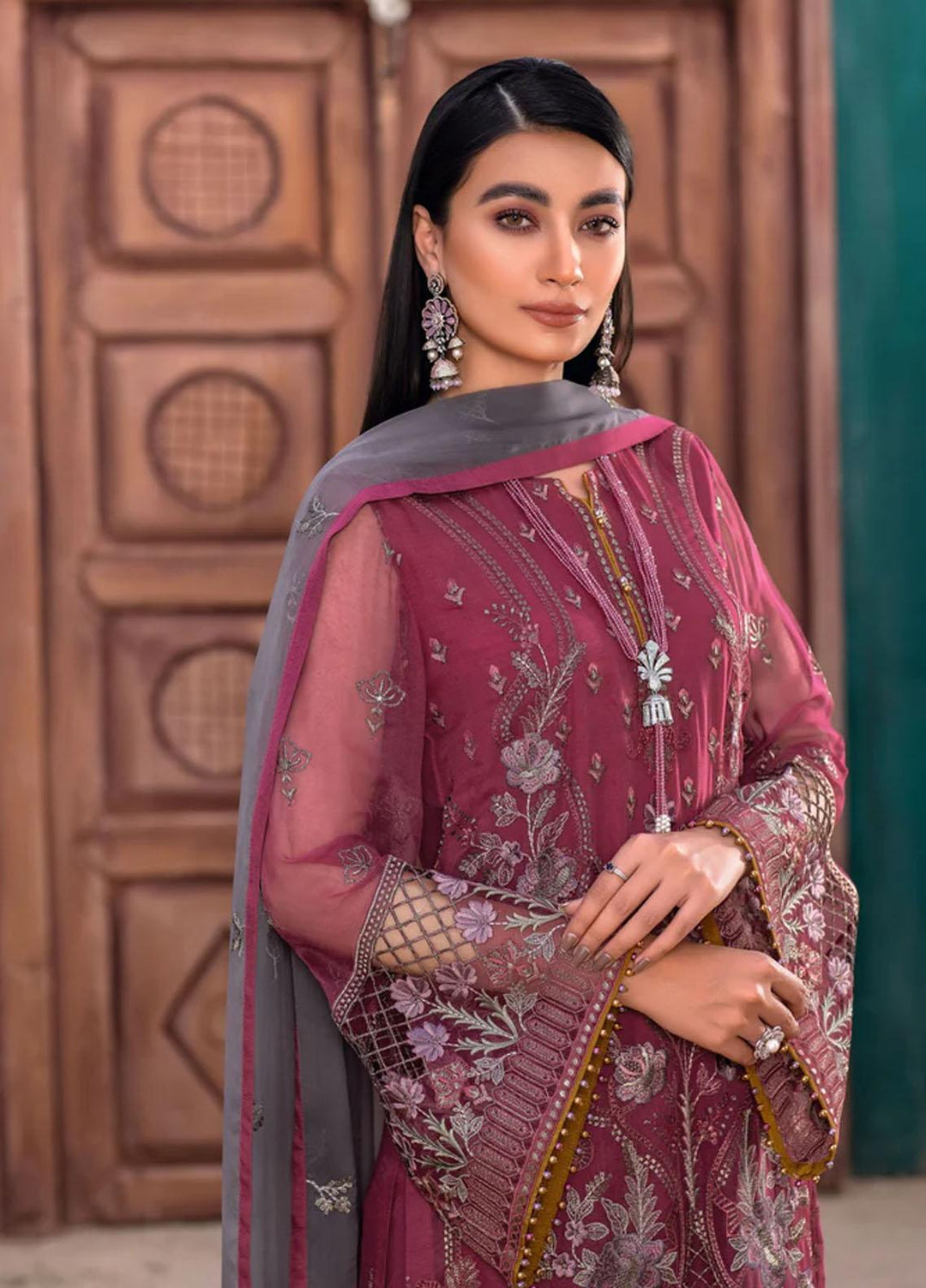 Flossie Embroidered Chiffon Suits Unstitched 3 Piece GERANIUM - Luxury Collection