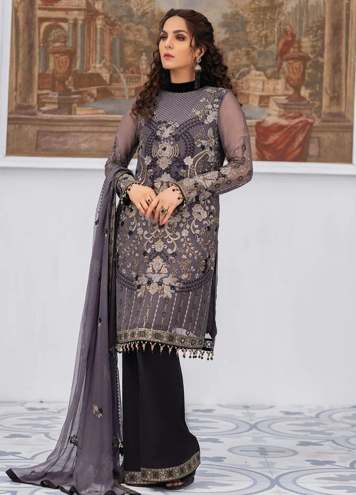 Flossie Embroidered Chiffon Suits Unstitched 3 Piece GREY QUILL - Luxury Collection