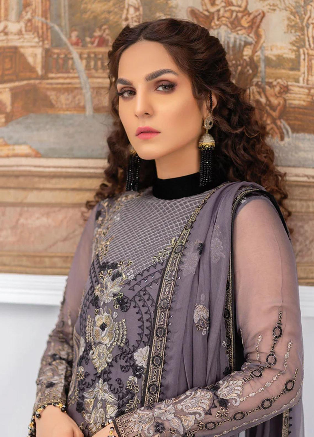 Flossie Embroidered Chiffon Suits Unstitched 3 Piece GREY QUILL - Luxury Collection
