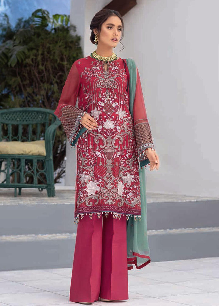 Flossie Embroidered Chiffon Suits Unstitched 3 Piece HAUTE RED - Luxury Collection
