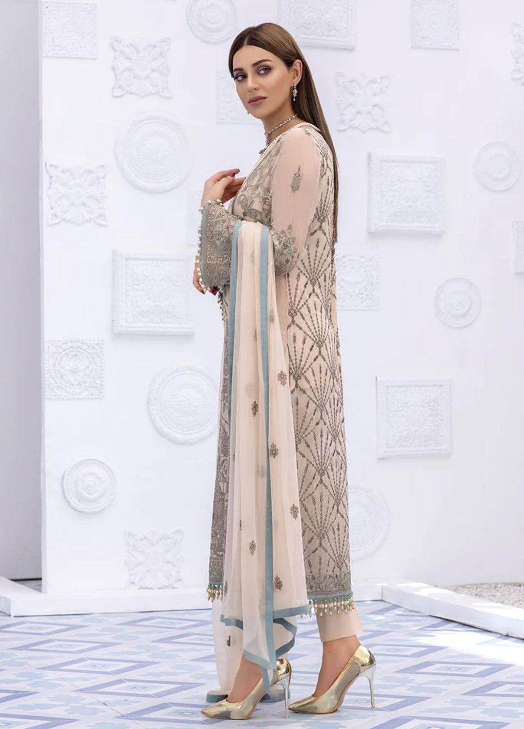 Flossie Embroidered Chiffon Suits Unstitched 3 Piece HONEY PEACH - Luxury Collection