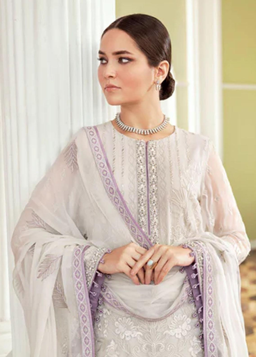 Flossie Embroidered Chiffon Suits Unstitched 3 Piece MARSHMALLOW - Luxury Collection