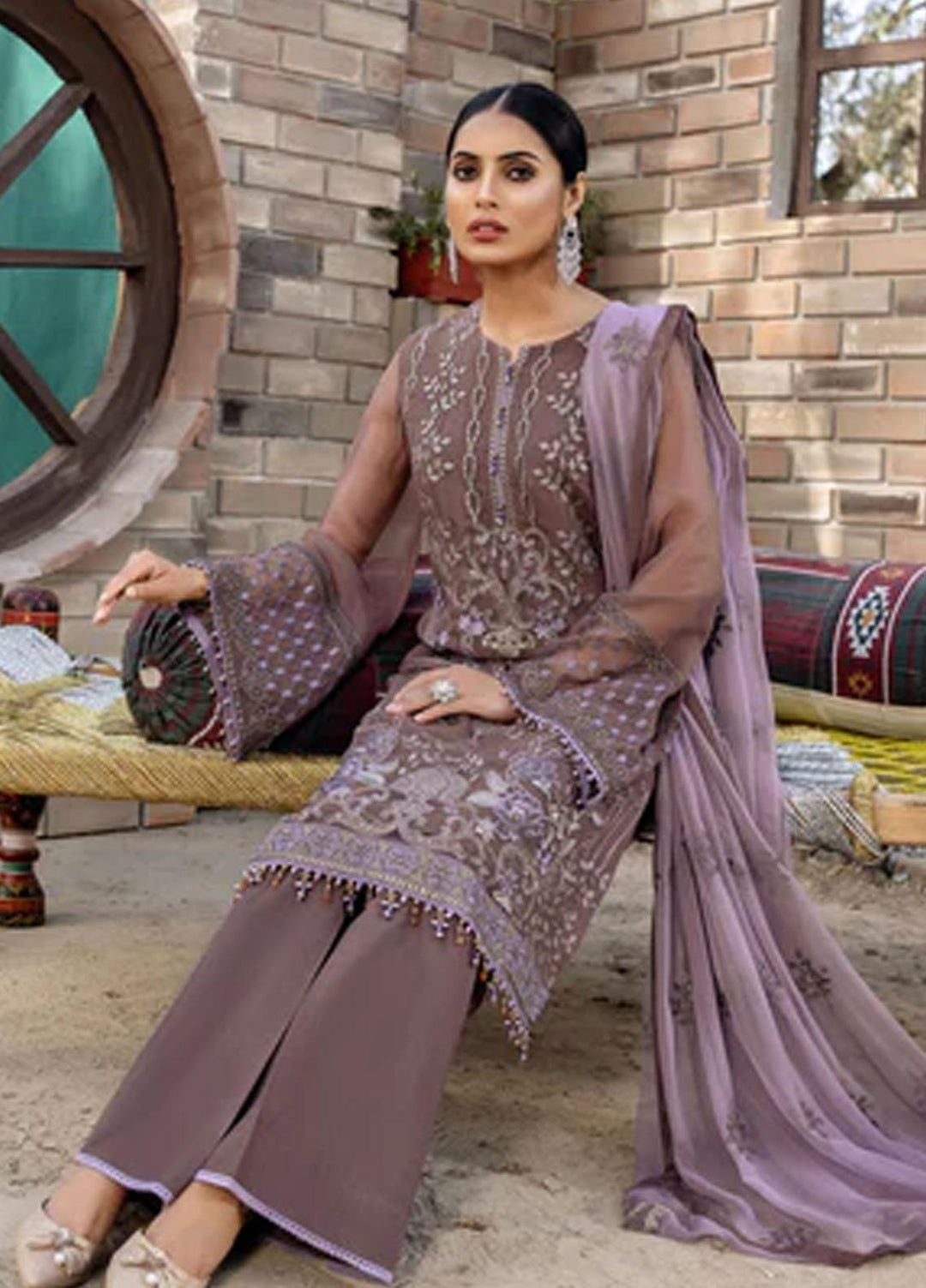 Flossie Embroidered Chiffon Suits Unstitched 3 Piece SEPIA - Luxury Collection