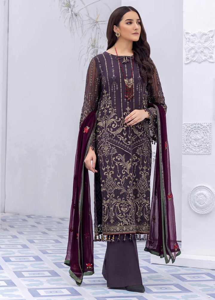 Flossie Embroidered Chiffon Suits Unstitched 3 Piece SMOKED PEARL - Luxury Collection