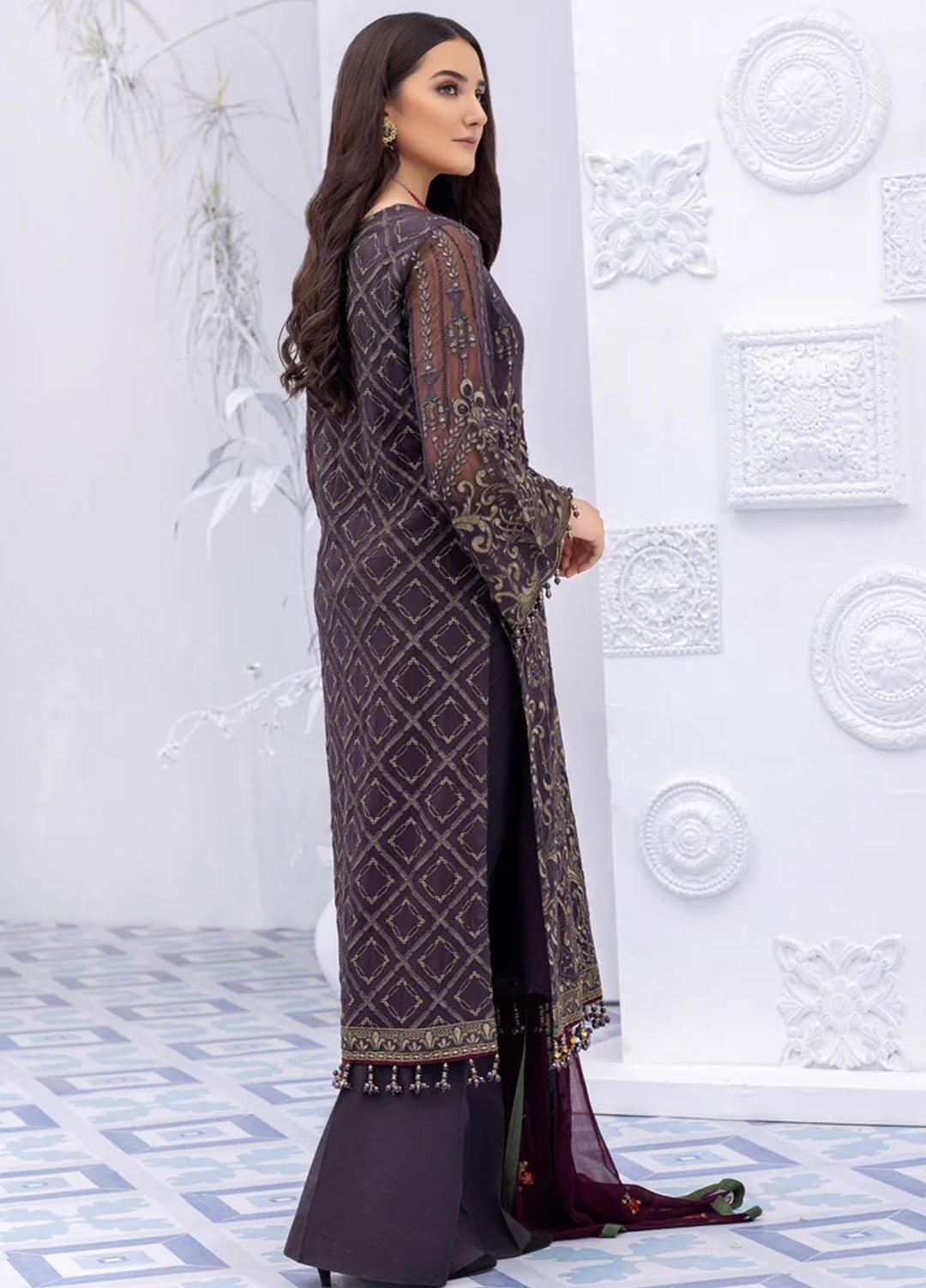 Flossie Embroidered Chiffon Suits Unstitched 3 Piece SMOKED PEARL - Luxury Collection