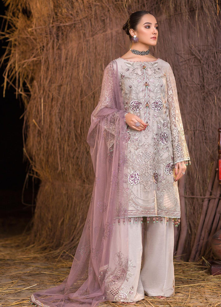 Flossie Embroidered Chiffon Suits Unstitched 3 Piece WHITE ZIRCON - Luxury Collection