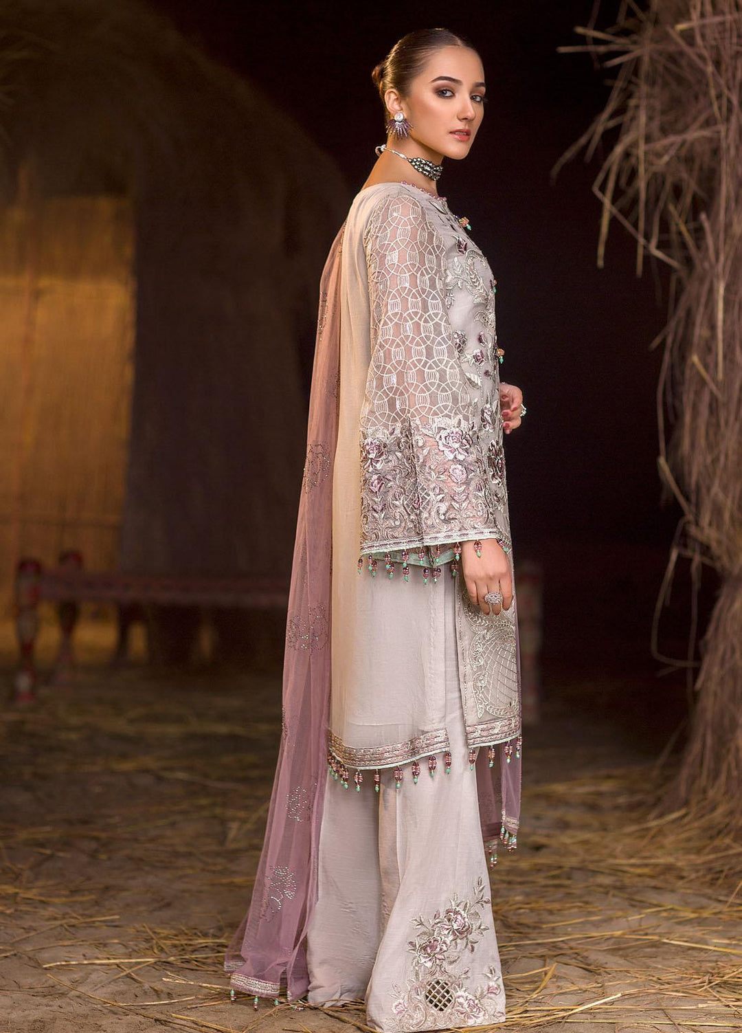 Flossie Embroidered Chiffon Suits Unstitched 3 Piece WHITE ZIRCON - Luxury Collection