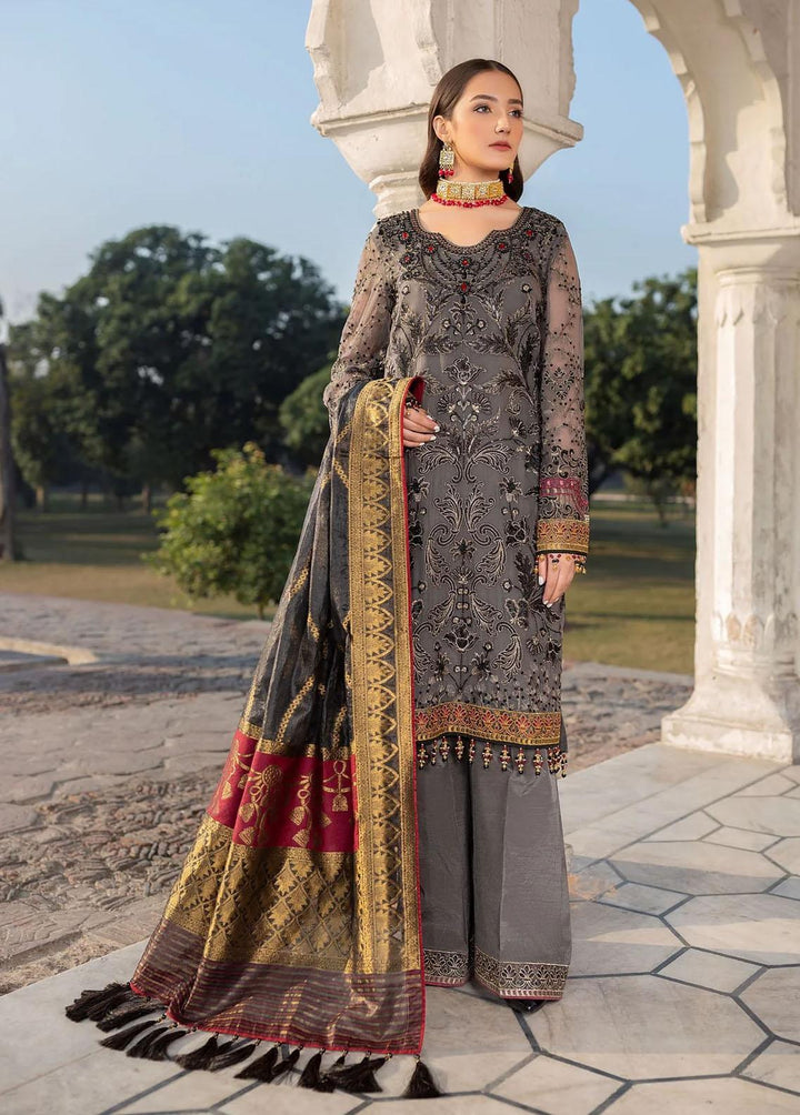Flossie Embroidered Chiffon Suits Unstitched 3 Piece Grey Wisper - Luxury Collection