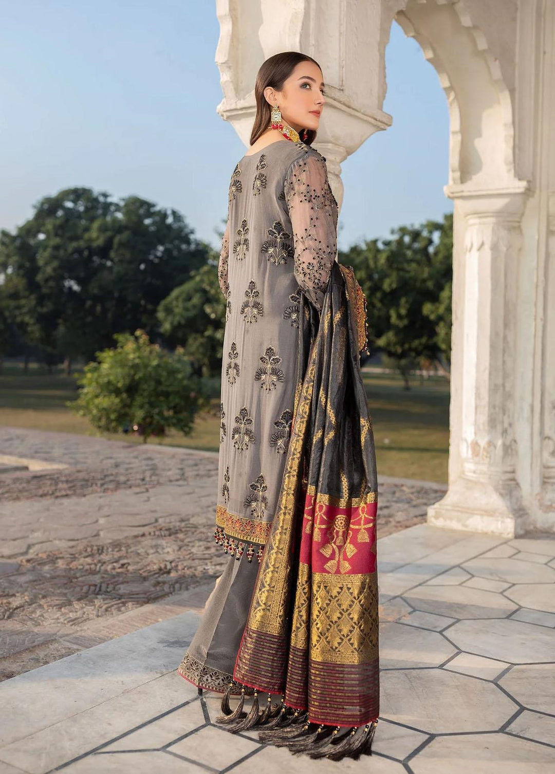 Flossie Embroidered Chiffon Suits Unstitched 3 Piece Grey Wisper - Luxury Collection