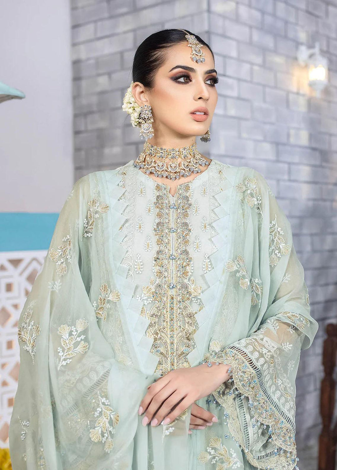 Flossie Embroidered Chiffon Suits Unstitched 3 Piece Morning Mist - Luxury Collection