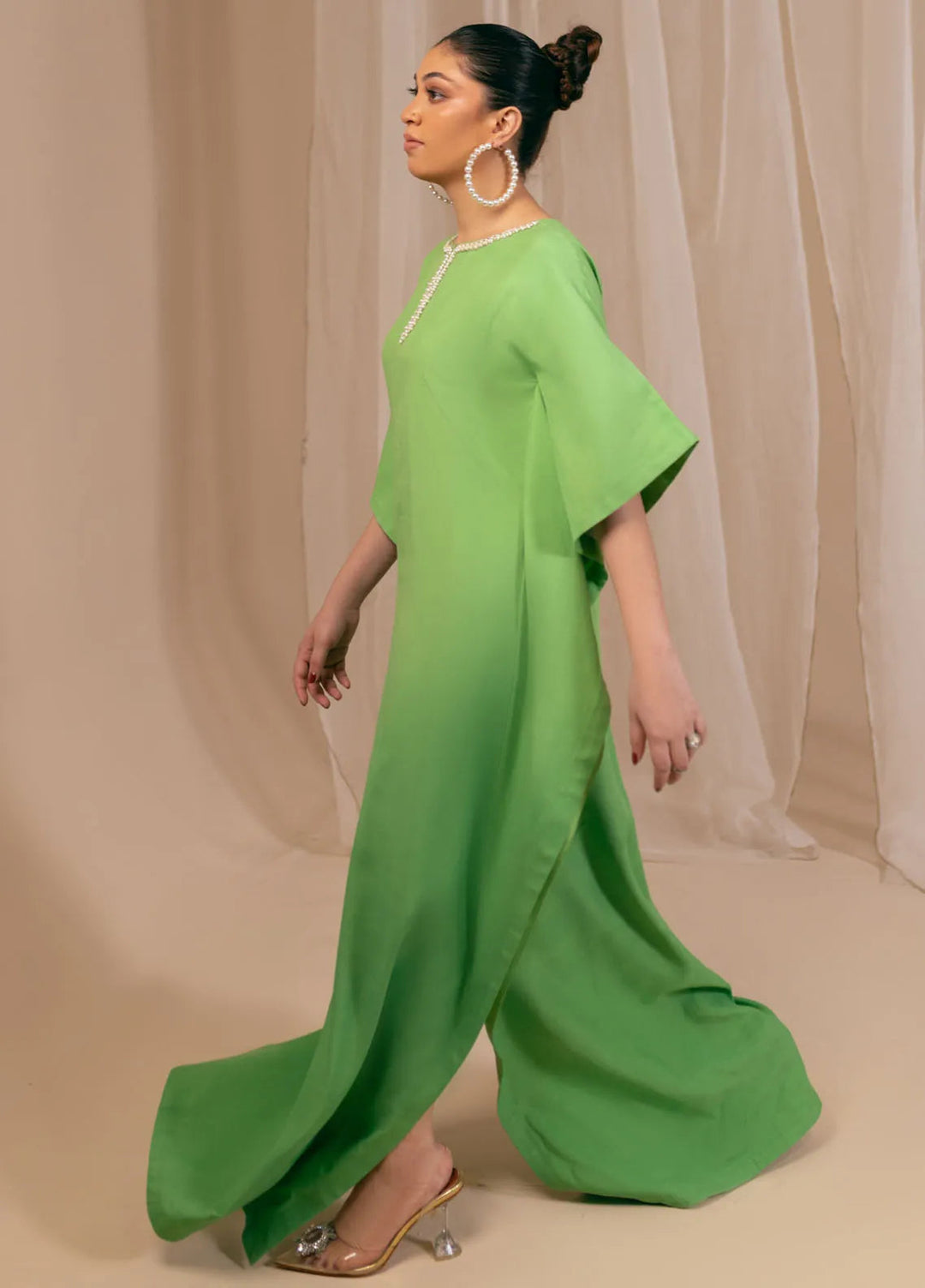Fozia Khalid Luxury Pret Raw Silk Kaftan Mint Dusk