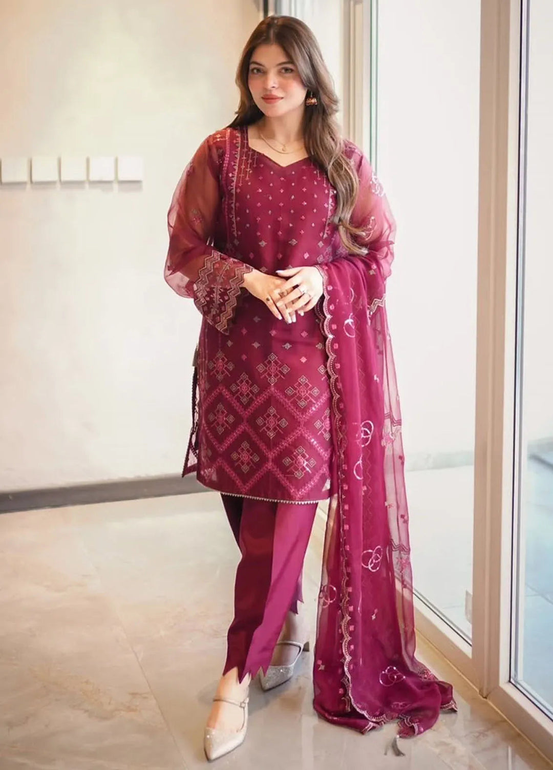 Fozia Khalid Pret Embroidered Organza 4 Piece Suit Maroon