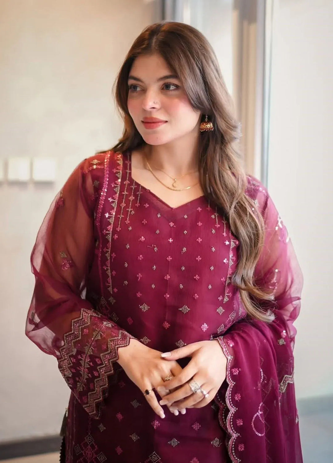 Fozia Khalid Pret Embroidered Organza 4 Piece Suit Maroon