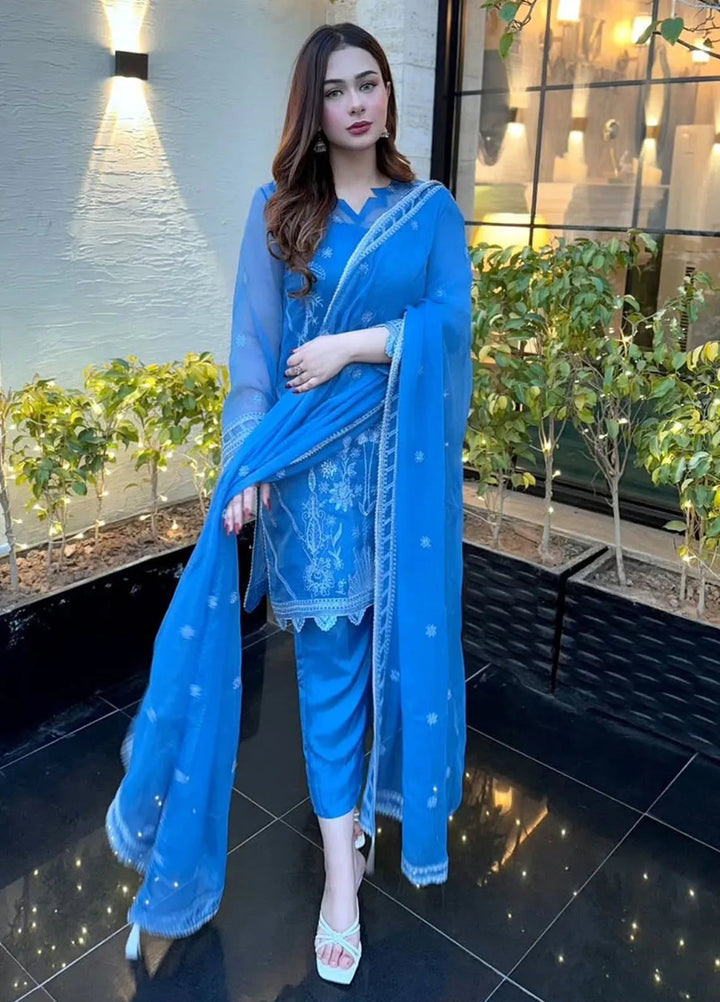 Fozia Khalid Pret Embroidered Organza 4 Piece Suit Teal Blue