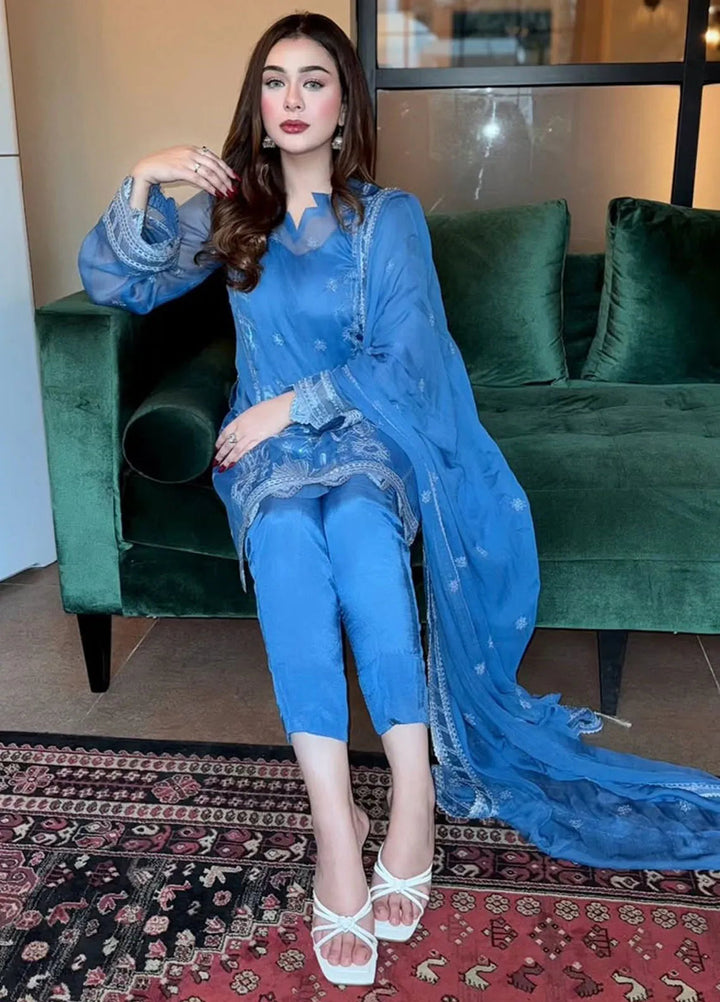 Fozia Khalid Pret Embroidered Organza 4 Piece Suit Teal Blue